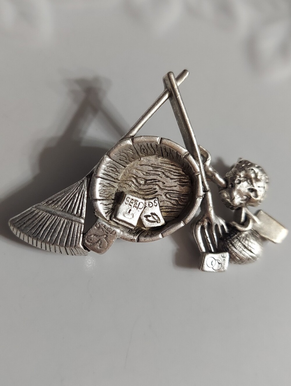 Vintage Danecraft Pewter-Matte Silver/Garden Party Tools Brooch/Pin - Picture 5 of 7